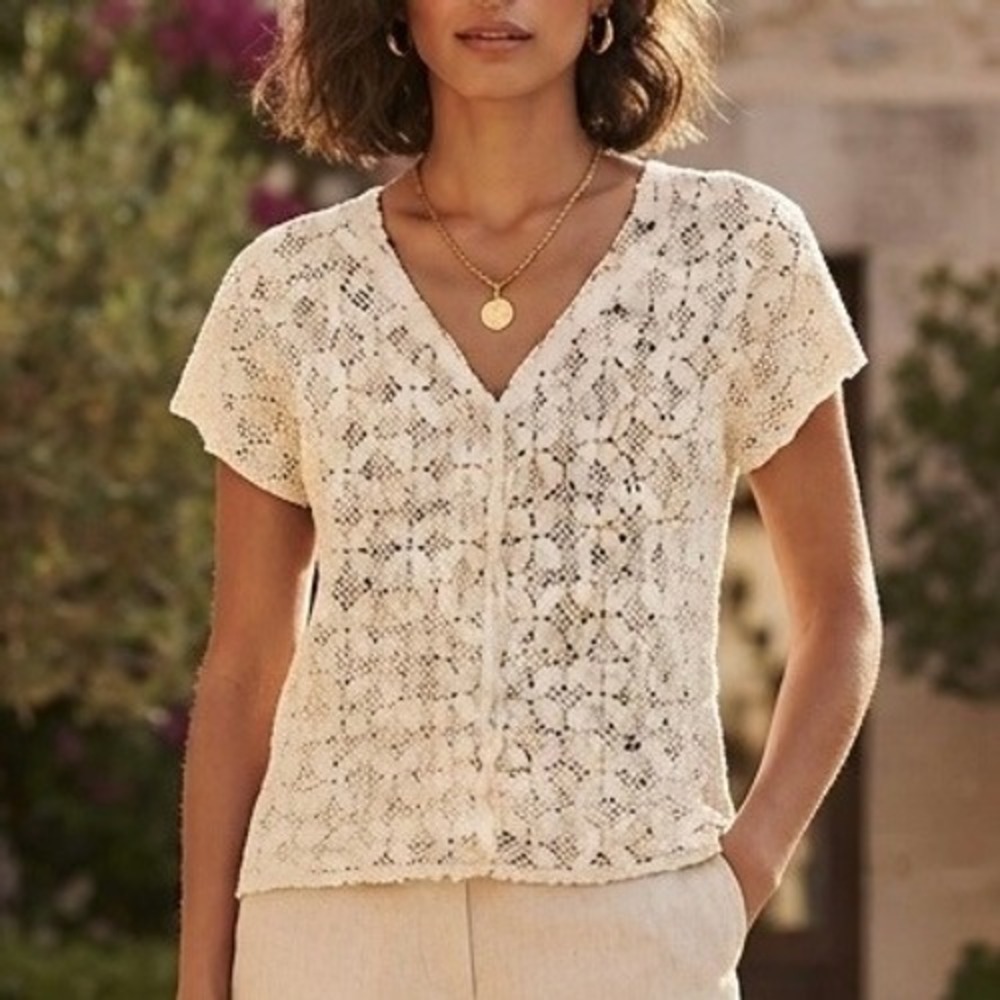VTG 70s Handmade Crochet Lace Cardigan‎ Cream Medallion Knit V-Neck Short Sleeve